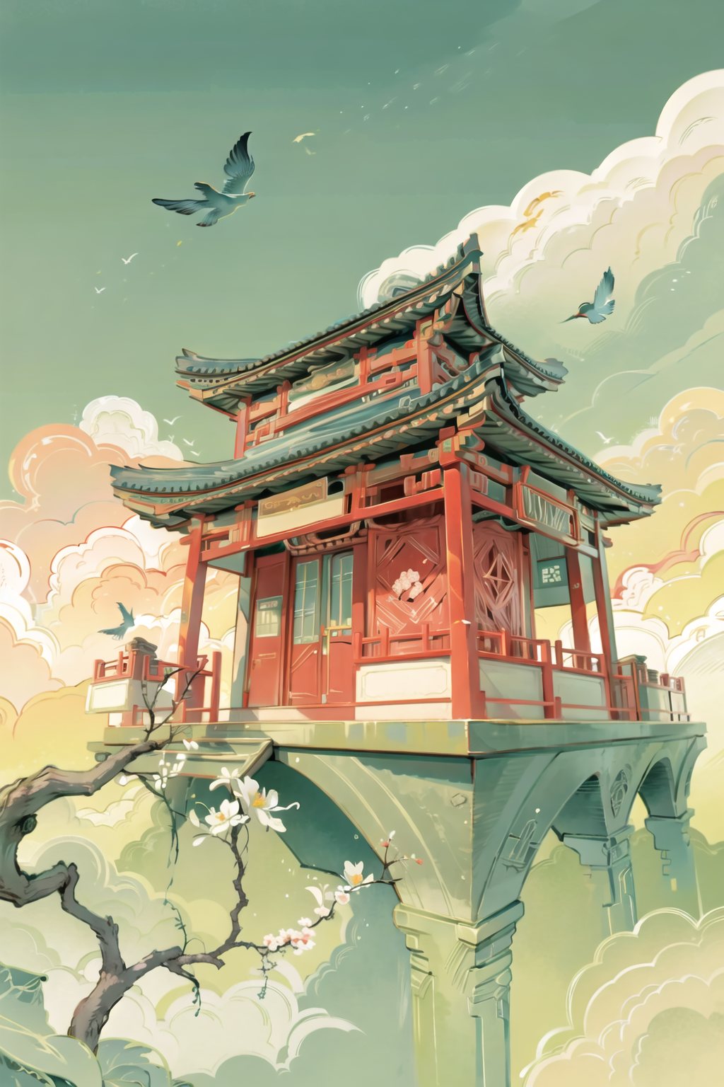 2452506560-illustration,meticulous painting,bird,tree,east asian architecture,architecture,fruit,cloud,flower,food,outdoors,branch,scenery,.png